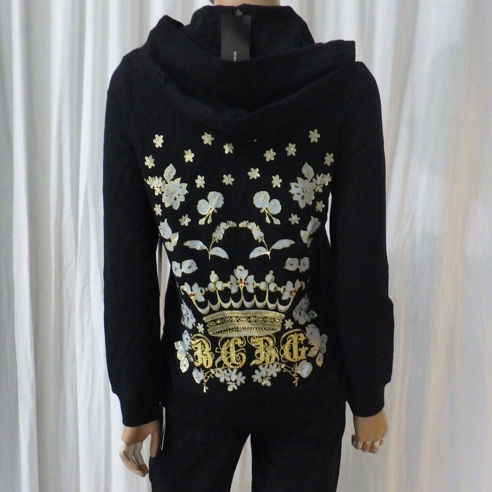 NWT BCBG sz MED LG XL 95% cotton BLK GOLD SKY BLUE FLOWERS 2 PC TRACKSUIT